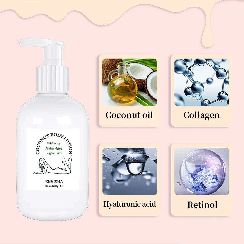 ENVISHA Skin Care Coconut Oil Body Lotion Whitening Moisturizing Brightening Collagen Hyaluronic Acid Retinol Remove Melanin