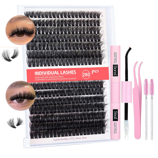 280pcs Individual Lash Clusters Kit 60+80D Curl 10-16mm Cluster Eyelash Extension Kit with Lash Bond and Seal and Lash Tweezers