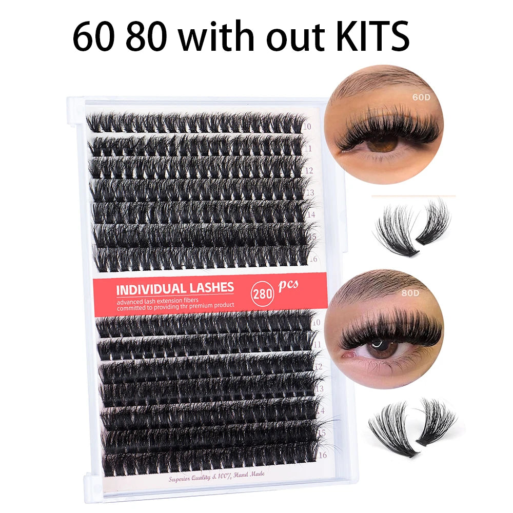 280pcs Individual Lash Clusters Kit 60+80D Curl 10-16mm Cluster Eyelash Extension Kit with Lash Bond and Seal and Lash Tweezers
