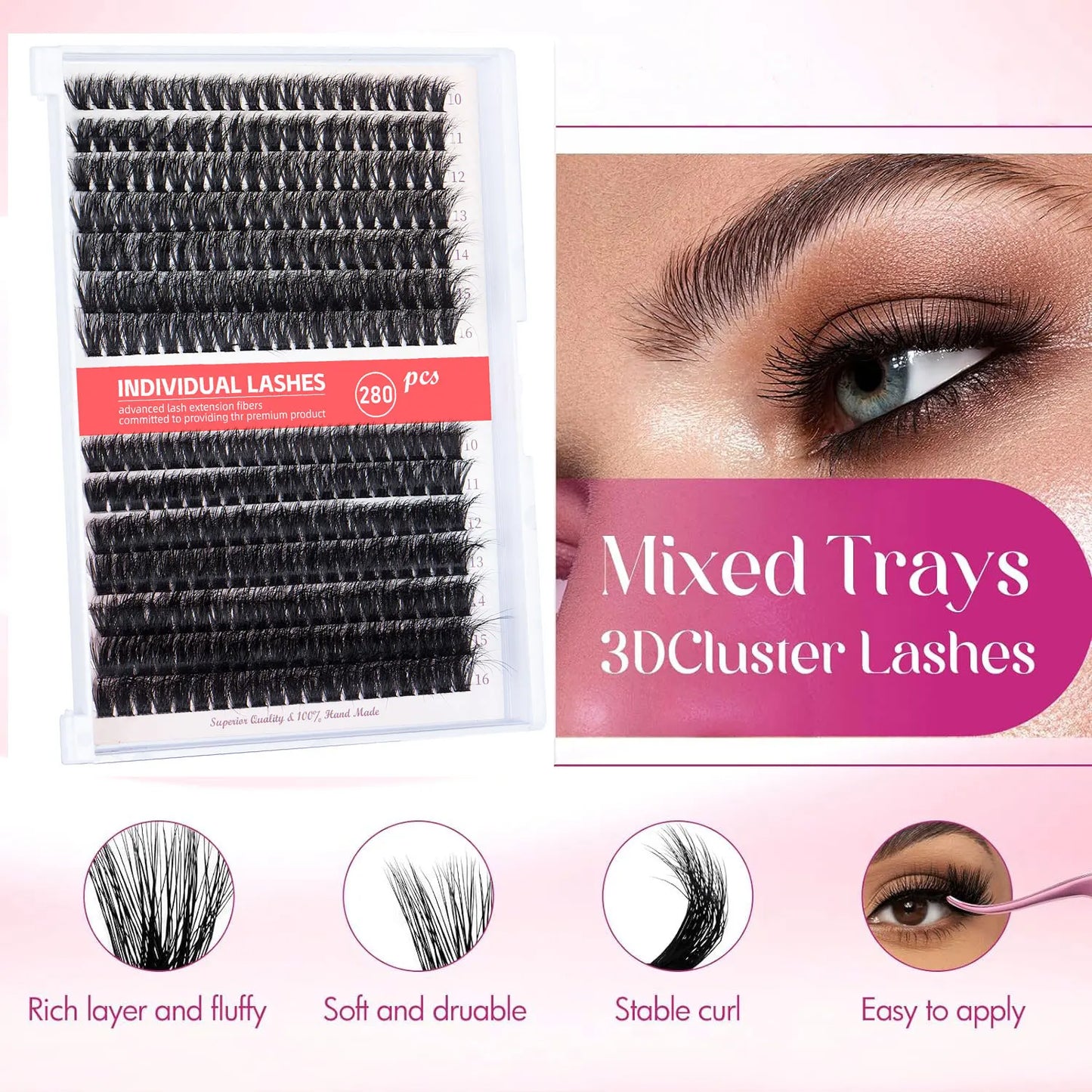 280pcs Individual Lash Clusters Kit 60+80D Curl 10-16mm Cluster Eyelash Extension Kit with Lash Bond and Seal and Lash Tweezers